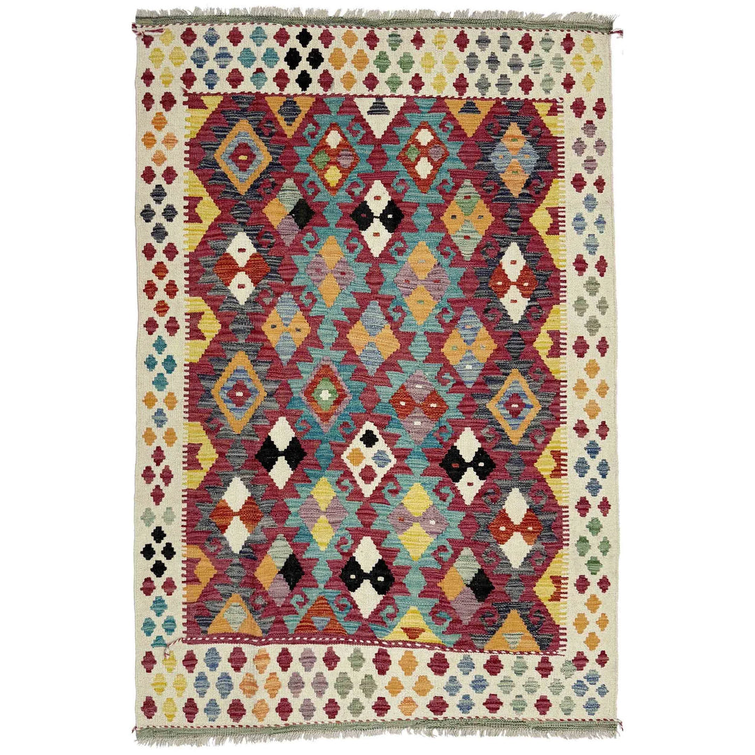 Multicolor Afghan Vegetable Kilim Rug 4' 5" x 6' 2" Flat-Weave | No. AL80019