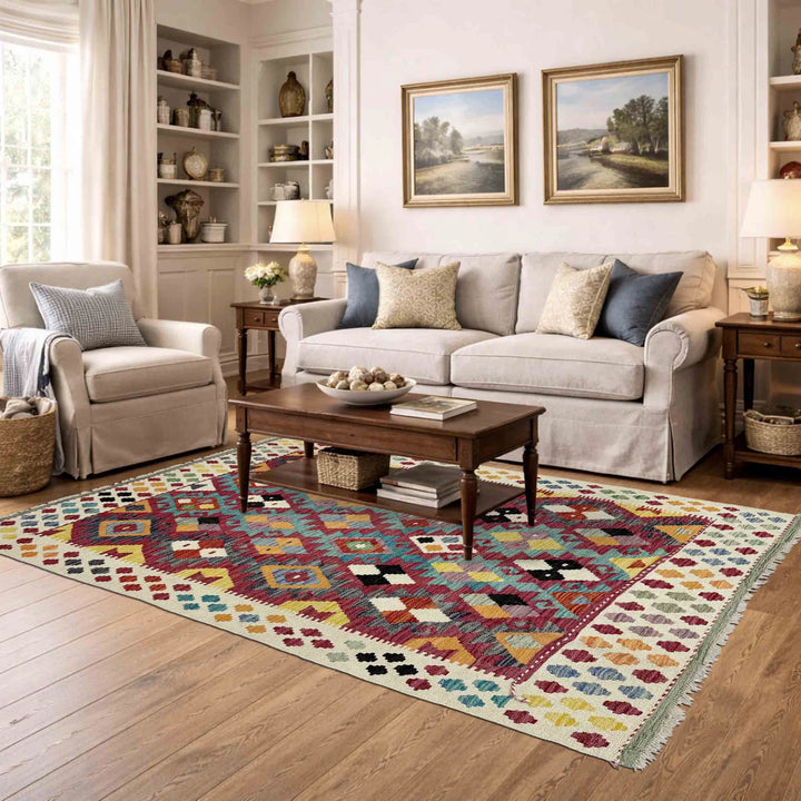 Multicolor Afghan Vegetable Kilim Rug 4' 5" x 6' 2" Flat-Weave | No. AL80019