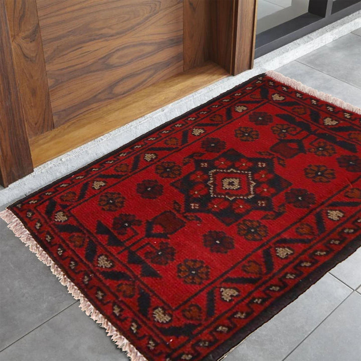 Red Afghan Oriental Doormat 1' 5" x 1' 11" Hand-Knotted | No. AL80029