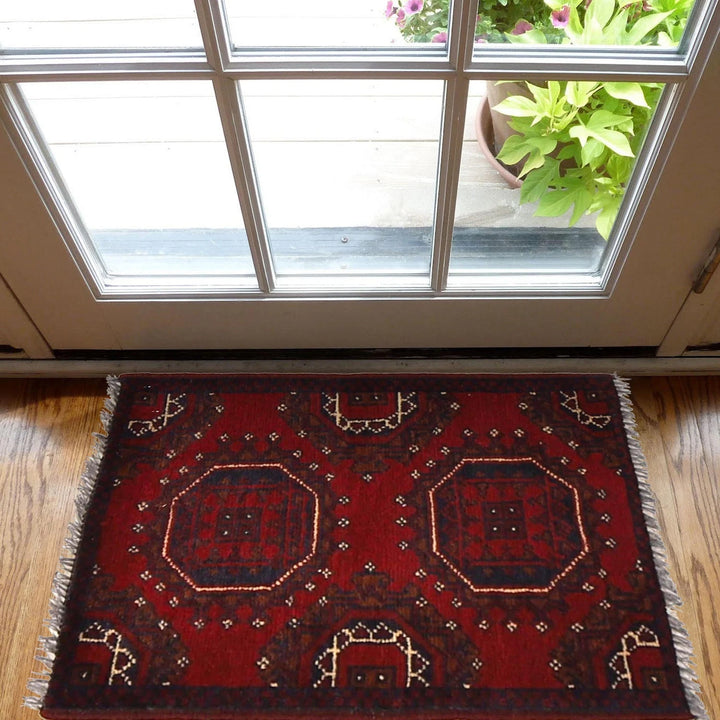 Red Afghan Oriental Doormat 1' 6" x 2' 0" Hand-Knotted | No. AL80034