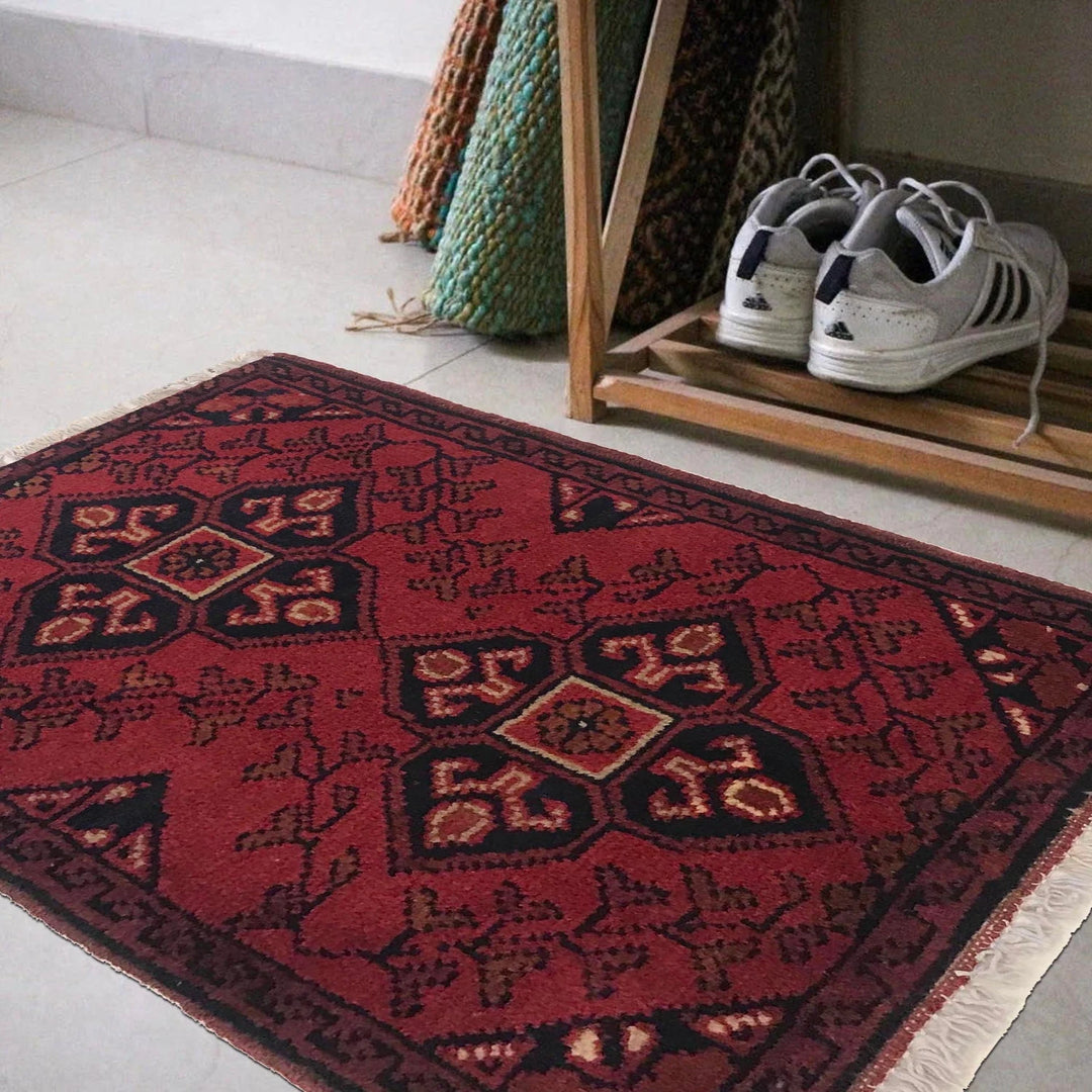 Red Afghan Oriental Doormat 1' 5" x 1' 11" Hand-Knotted | No. AL80049