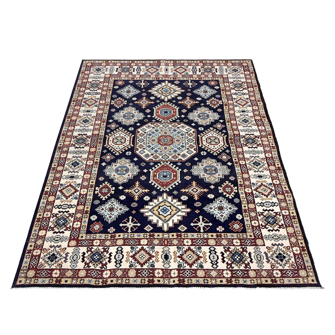 Blue Afghan Kazak Rug 6' 1" x 9' 2" Hand-Knotted | No. AL80415