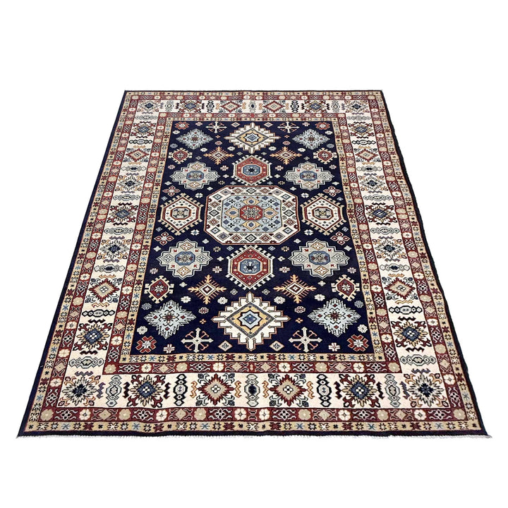 Blue Afghan Kazak Rug 6' 1" x 9' 2" Hand-Knotted | No. AL80415