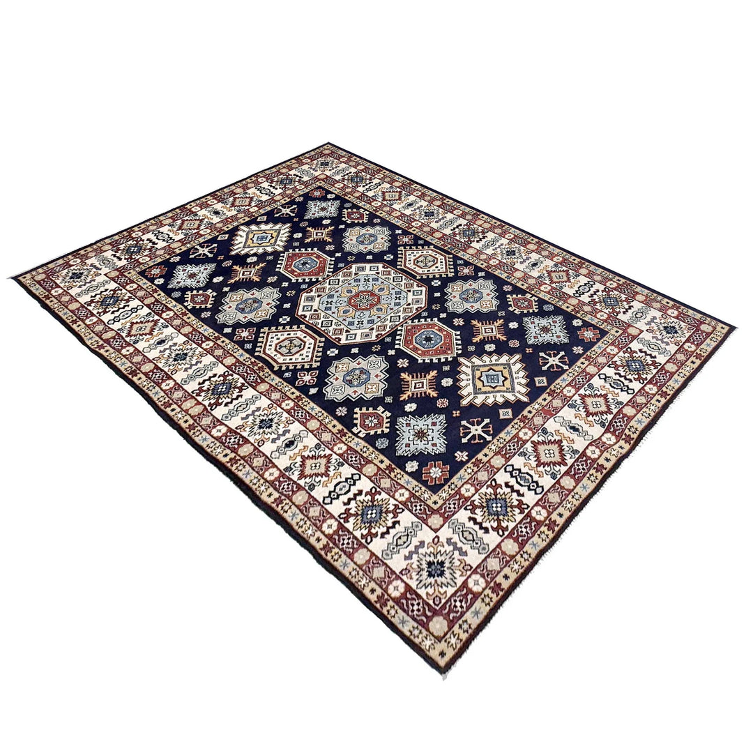 Blue Afghan Kazak Rug 6' 1" x 9' 2" Hand-Knotted | No. AL80415