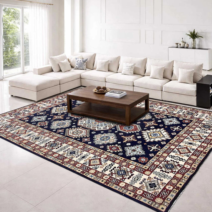 Blue Afghan Kazak Rug 6' 1" x 9' 2" Hand-Knotted | No. AL80415