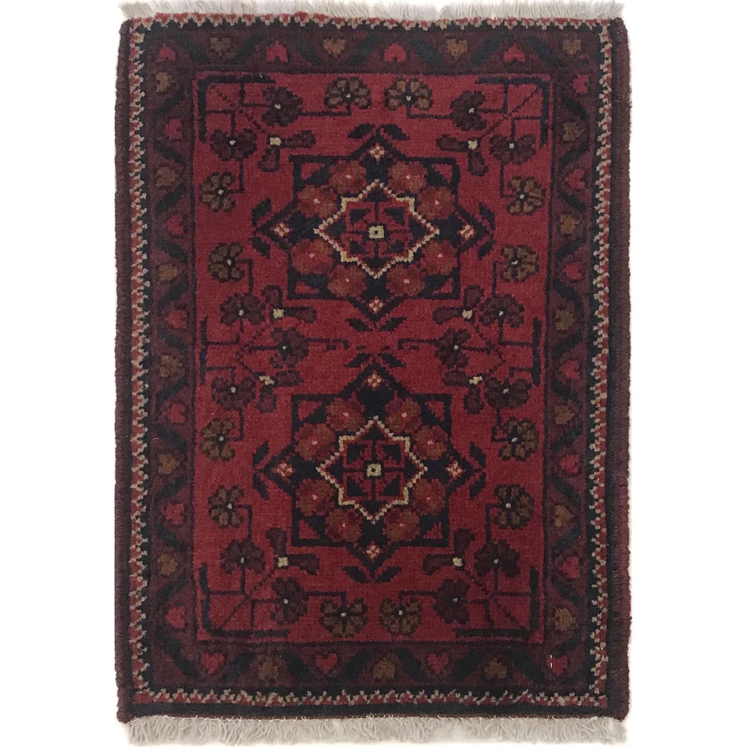 Red Afghan Doormat Rug 1' 5" x 1' 10" Hand-Knotted | No. AL80536