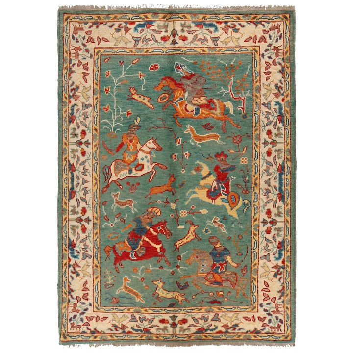 Green Afghan Pictorial Rug 4' 0" x 5' 11" Hand-Knotted | No. AL80576