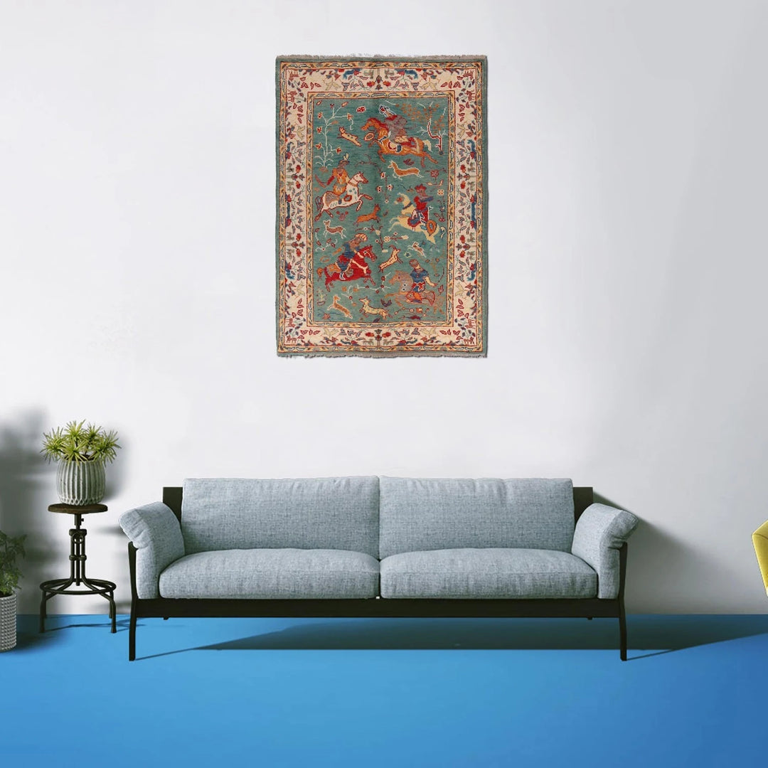 Green Afghan Pictorial Rug 4' 0" x 5' 11" Hand-Knotted | No. AL80576