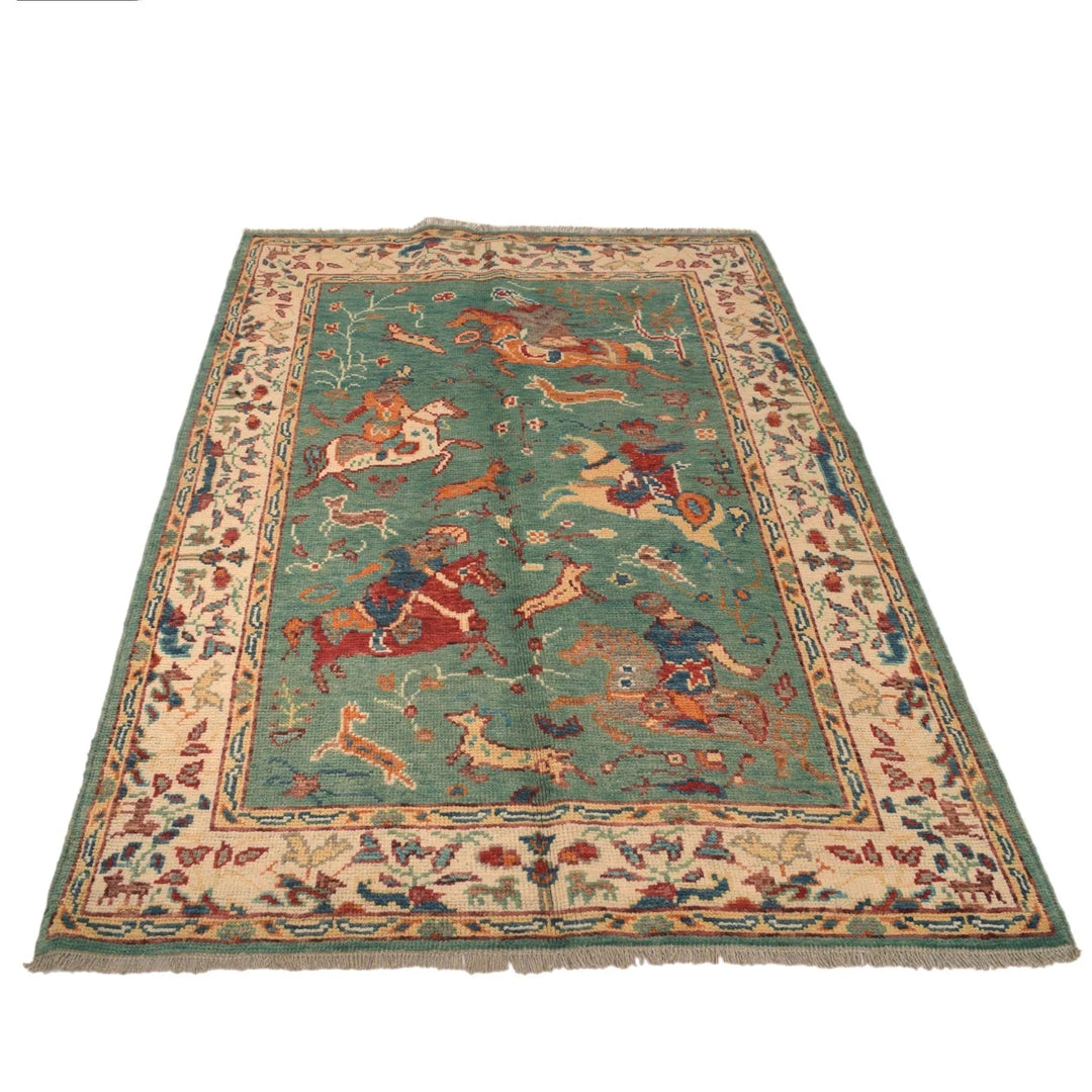 Green Afghan Pictorial Rug 4' 0" x 5' 11" Hand-Knotted | No. AL80576