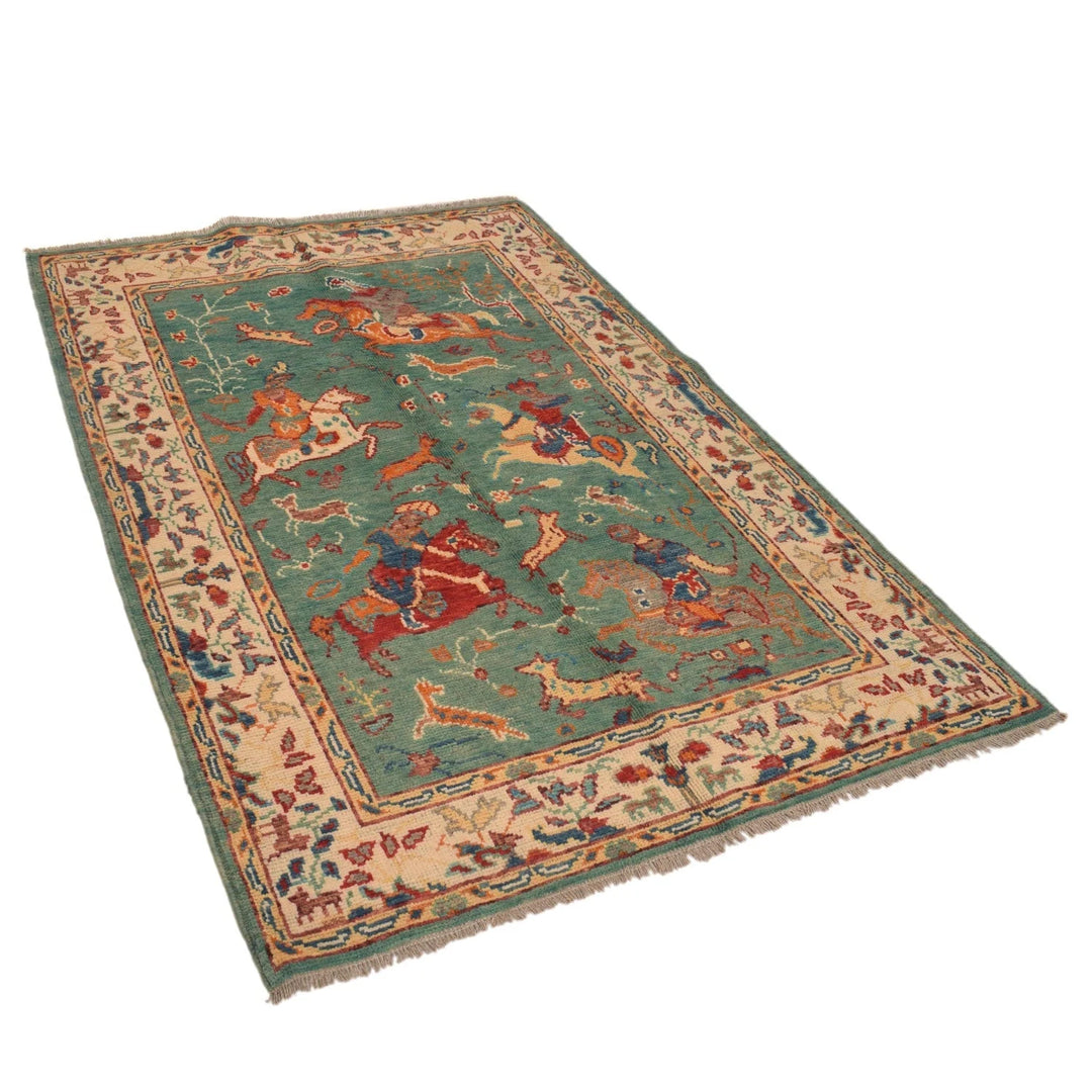 Green Afghan Pictorial Rug 4' 0" x 5' 11" Hand-Knotted | No. AL80576