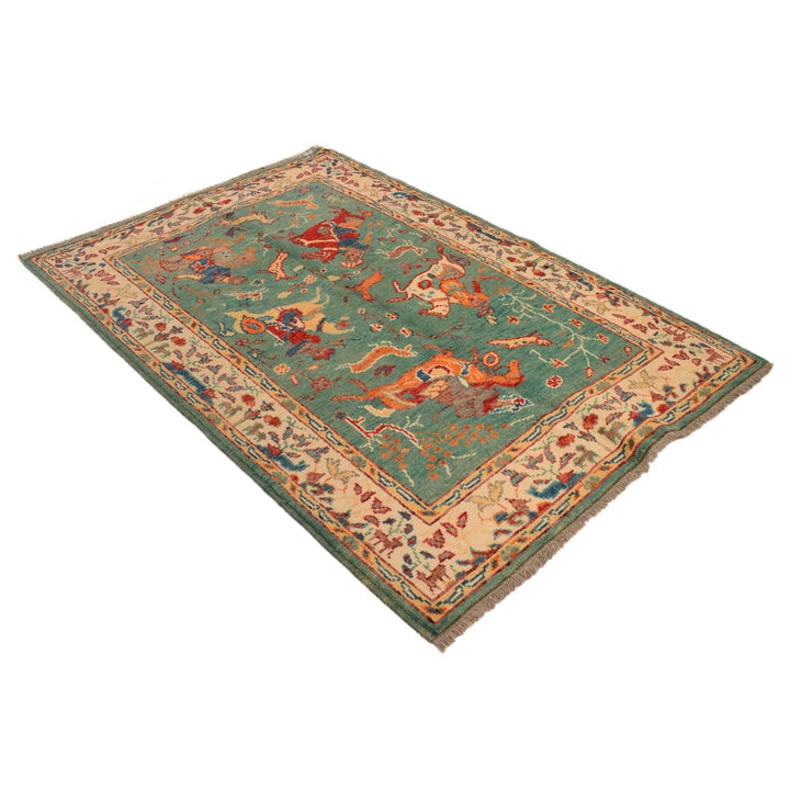 Green Afghan Pictorial Rug 4' 0" x 5' 11" Hand-Knotted | No. AL80576