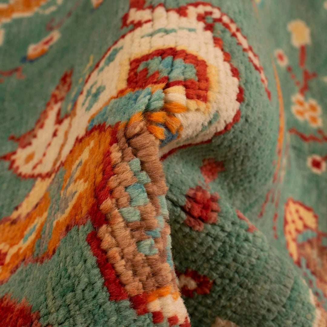 Green Afghan Pictorial Rug 4' 0" x 5' 11" Hand-Knotted | No. AL80576