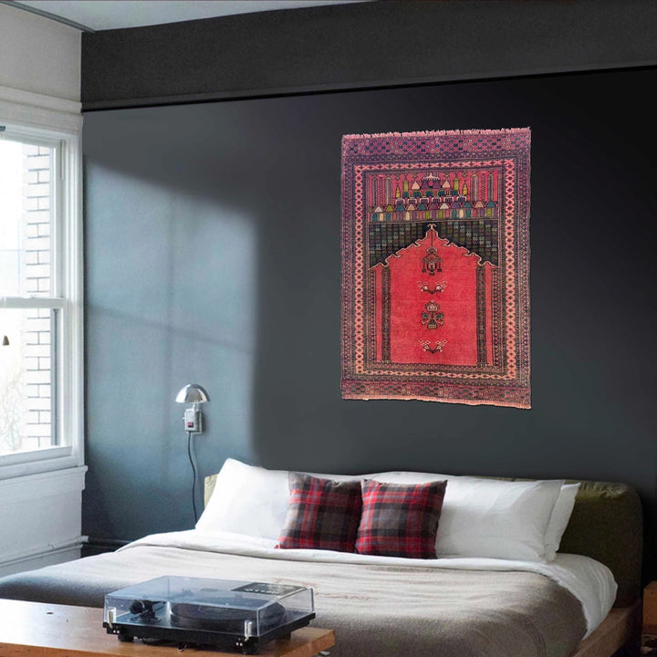 Red Afghan Prayer Rug 3' 3" x 3' 10" Hand-Knotted | No. AL80632