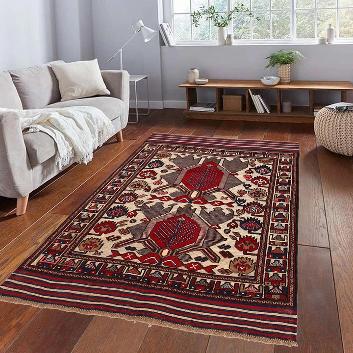 Beige Afghan Barjasta Rug 4' " x 5' 4" Hand-Knotted | No. AL80636