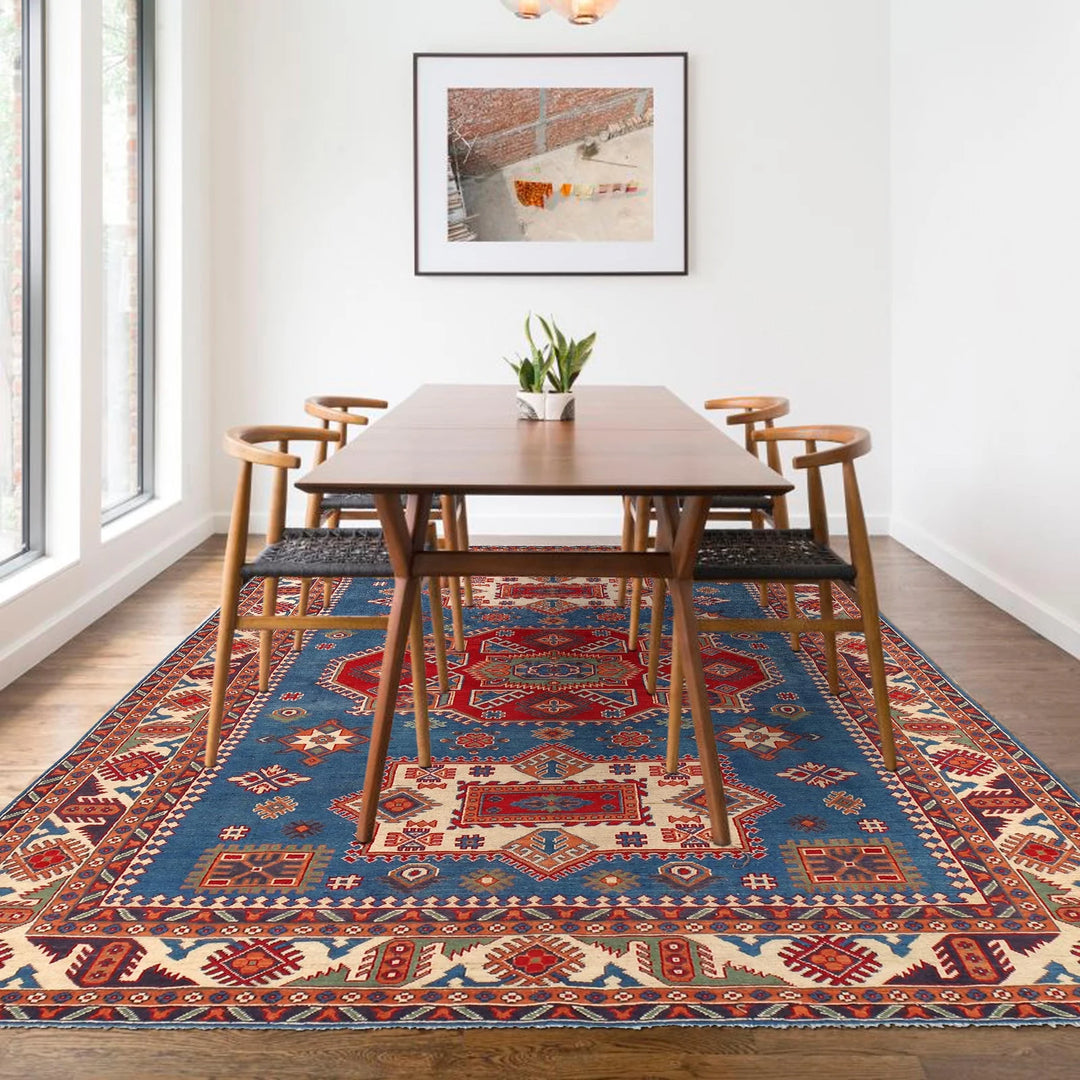 Blue Afghan Kazak Rug 6' 9" x 9' 7" Hand-Knotted | No. AL80767
