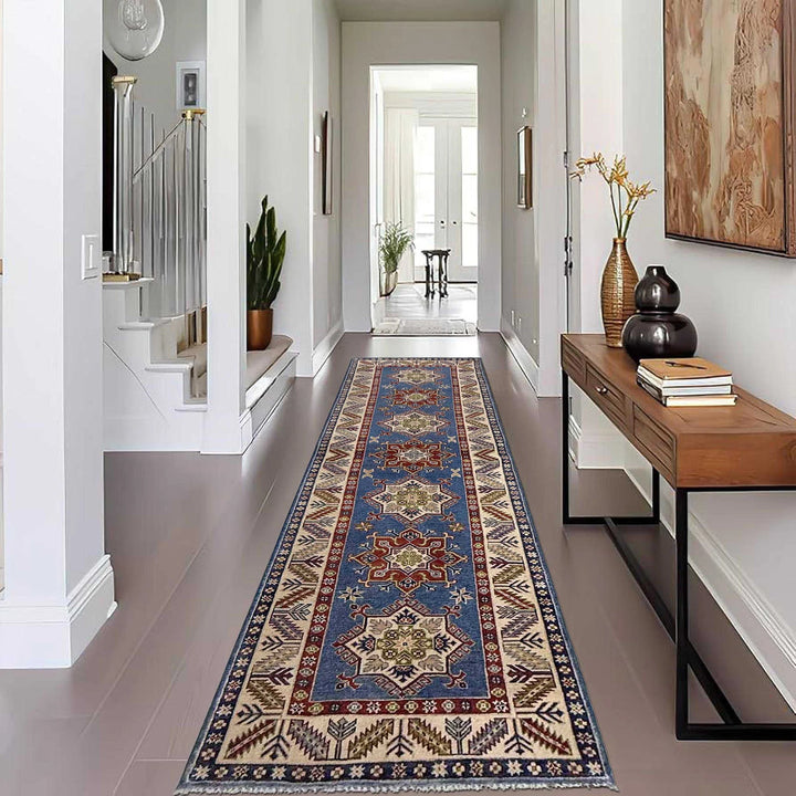 Blue Afghan Kazak Rug 2' 8" x 9' 9" Hand-Knotted | No. AL81162