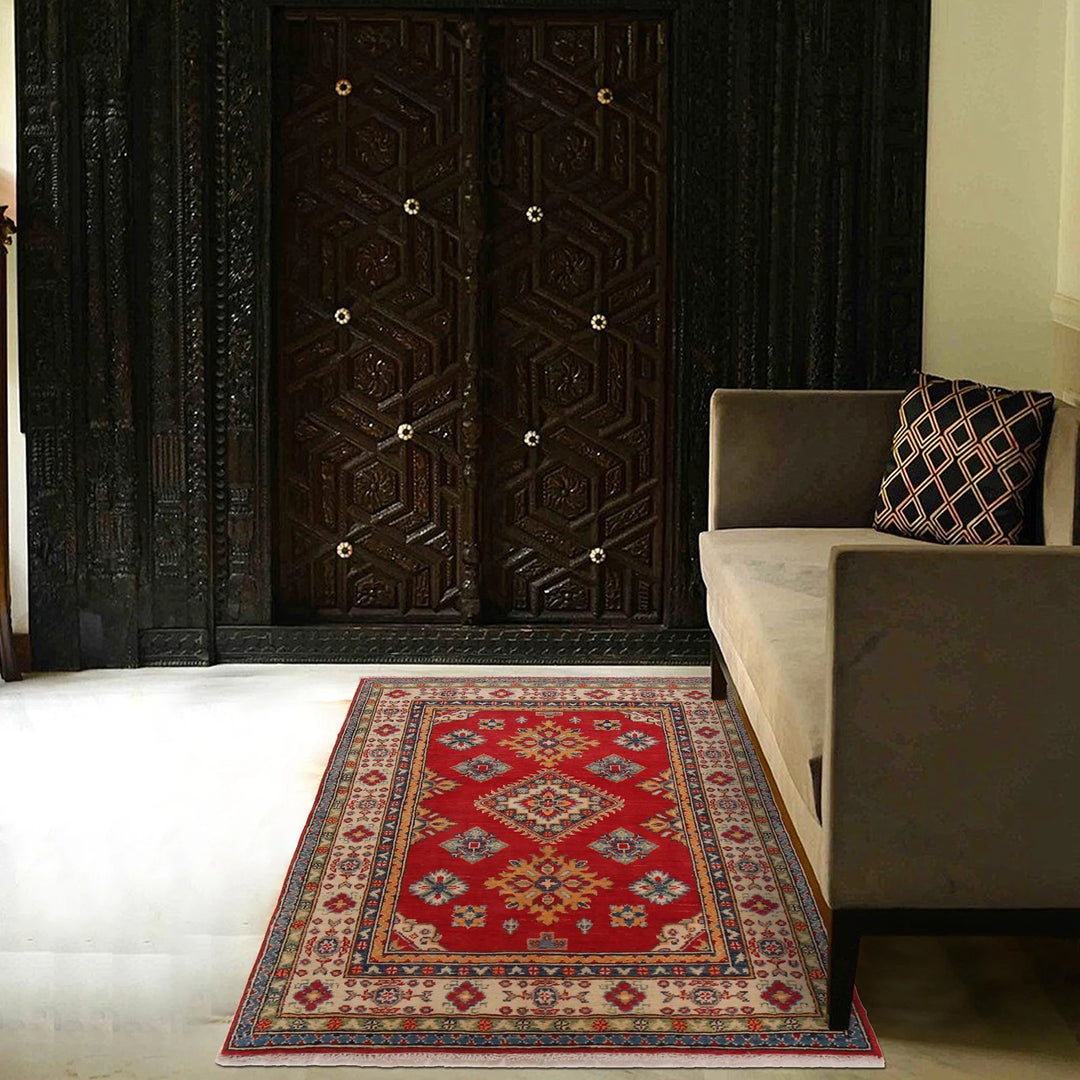 Red Afghan Kazak Rug 3' 3" x 4' 9" Hand-Knotted | No. AL81346