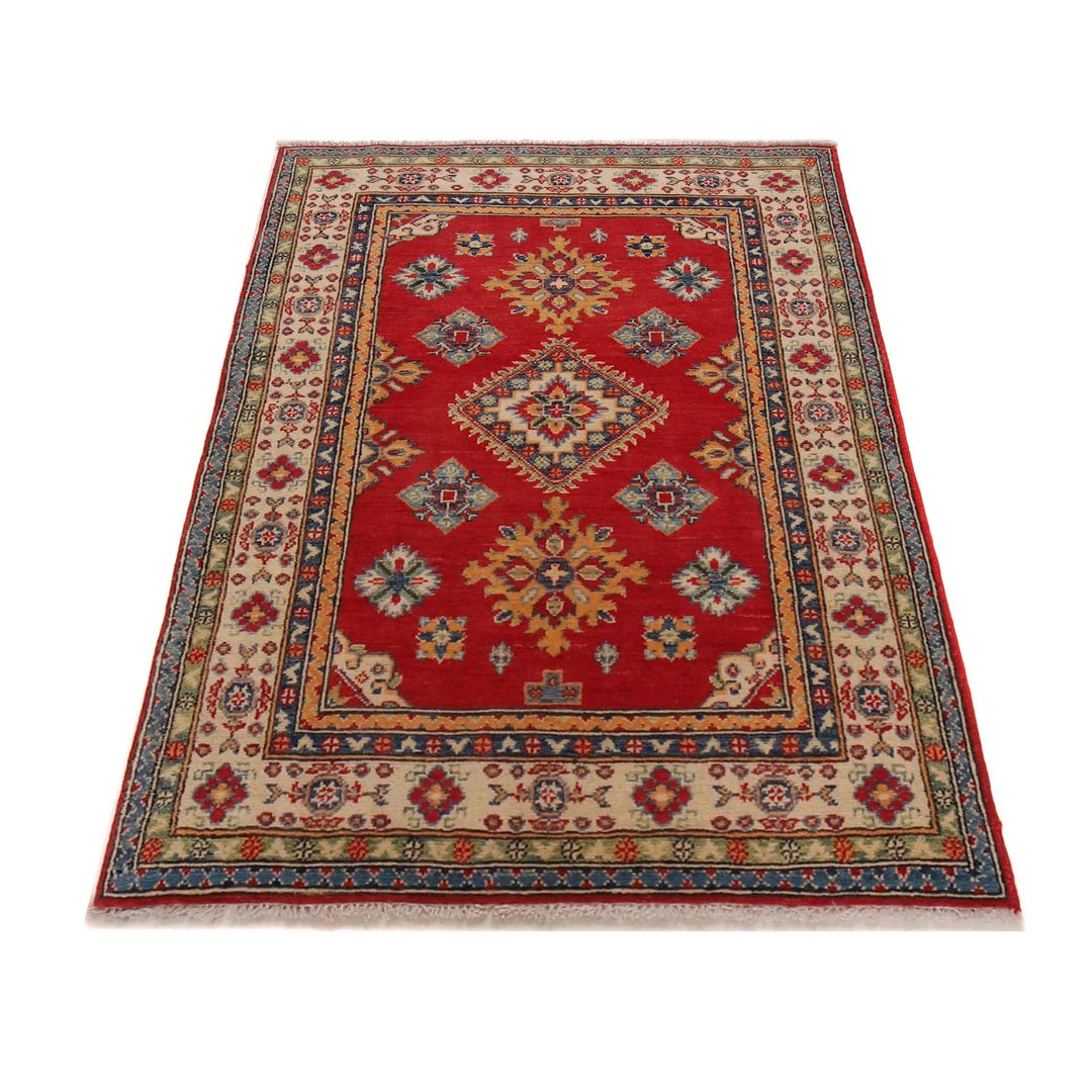 Red Afghan Kazak Rug 3' 3" x 4' 9" Hand-Knotted | No. AL81346