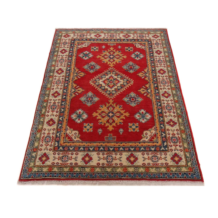 Red Afghan Kazak Rug 3' 3" x 4' 9" Hand-Knotted | No. AL81346