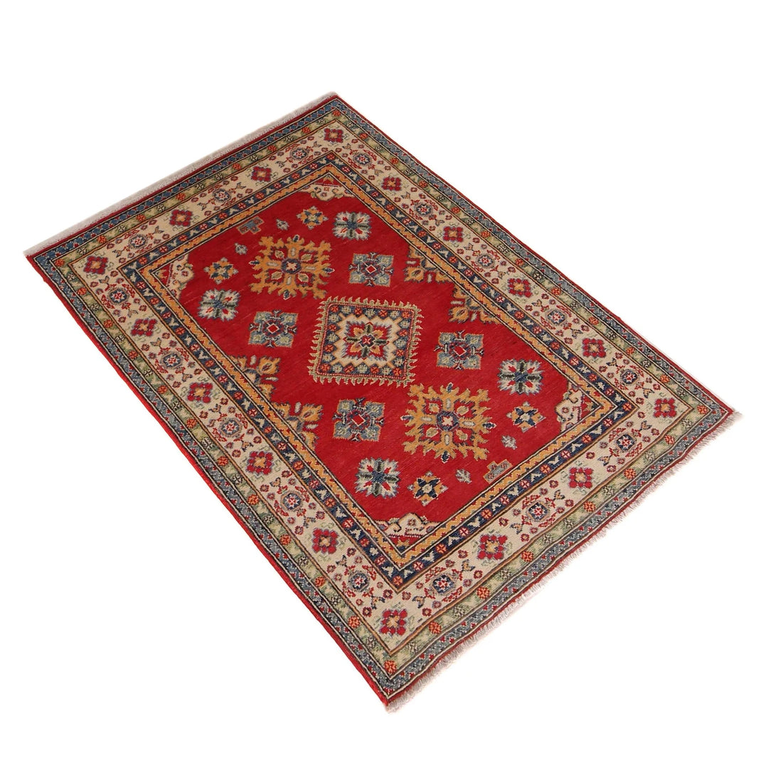 Red Afghan Kazak Rug 3' 3" x 4' 9" Hand-Knotted | No. AL81346