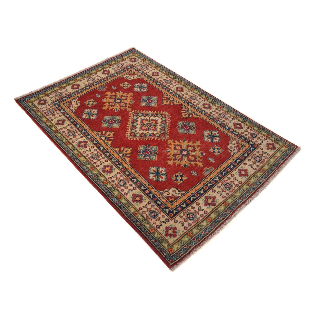 Red Afghan Kazak Rug 3' 3" x 4' 9" Hand-Knotted | No. AL81346
