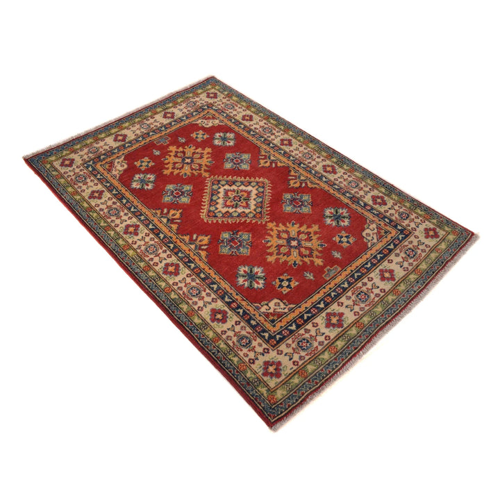 Red Afghan Kazak Rug 3' 3" x 4' 9" Hand-Knotted | No. AL81346