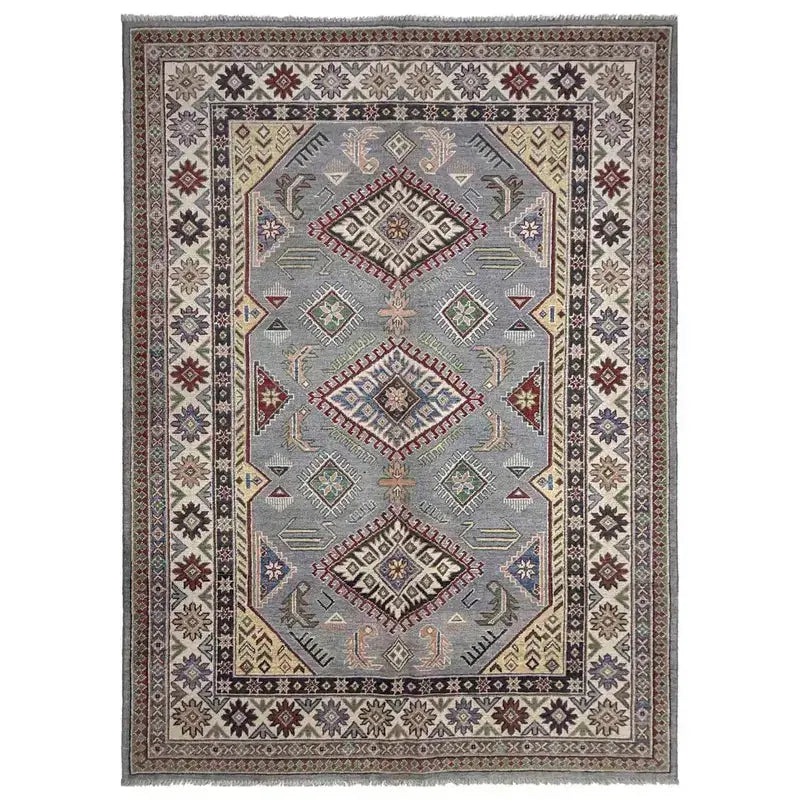 Gray Afghan Kazak Rug 4' 11" x 6' 11" Hand-Knotted | No. AL81386