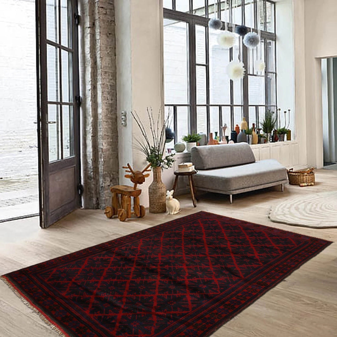 Red Afghan Baluchi Rug 5' 9" x 9' 0" Hand-Knotted | No. AL81548