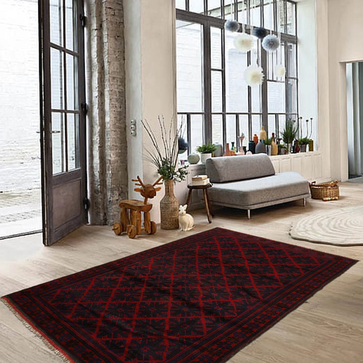 Red Afghan Baluchi Rug 5' 9" x 9' 0" Hand-Knotted | No. AL81548