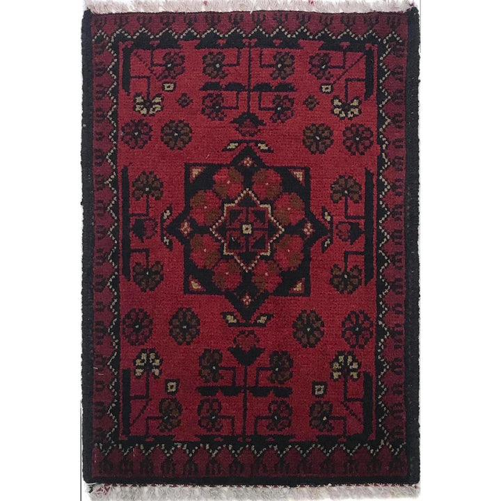 Red Afghan Oriental Doormat 1' 4" x 1' 11" Hand-Knotted | No. AL81564