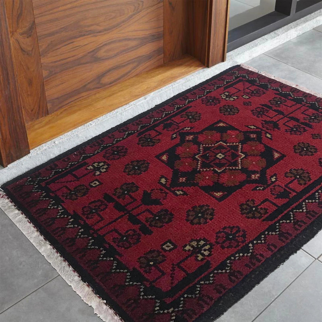 Red Afghan Oriental Doormat 1' 4" x 1' 11" Hand-Knotted | No. AL81564