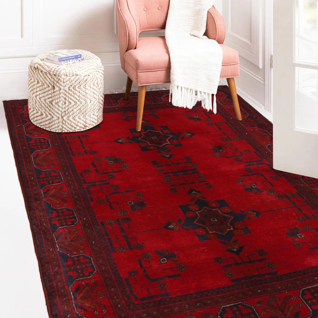 Red Afghan Khal Mohammadi Rug 3' 7" x 4' 9" Hand-Knotted | No. AL81617
