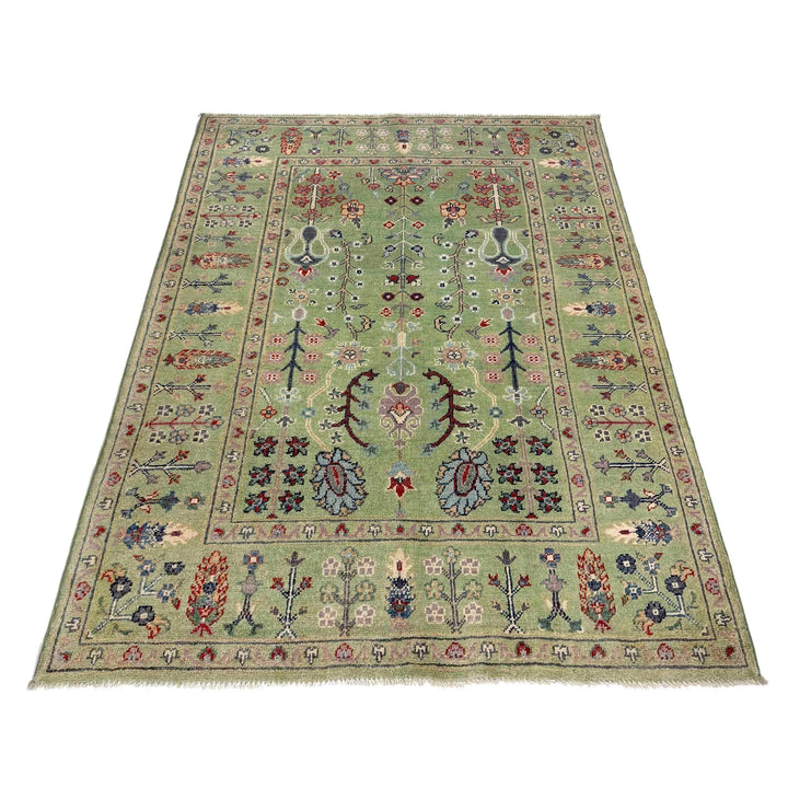 Green Afghan Tree Of Life Rug 4' 1" x 5' 9" Hand-Knotted | No. AL81711