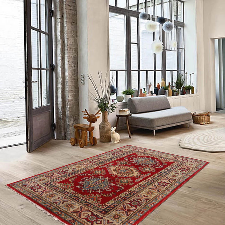 Red Afghan Kazak Rug 3' 3" x 5' 2" Hand-Knotted | No. AL81790