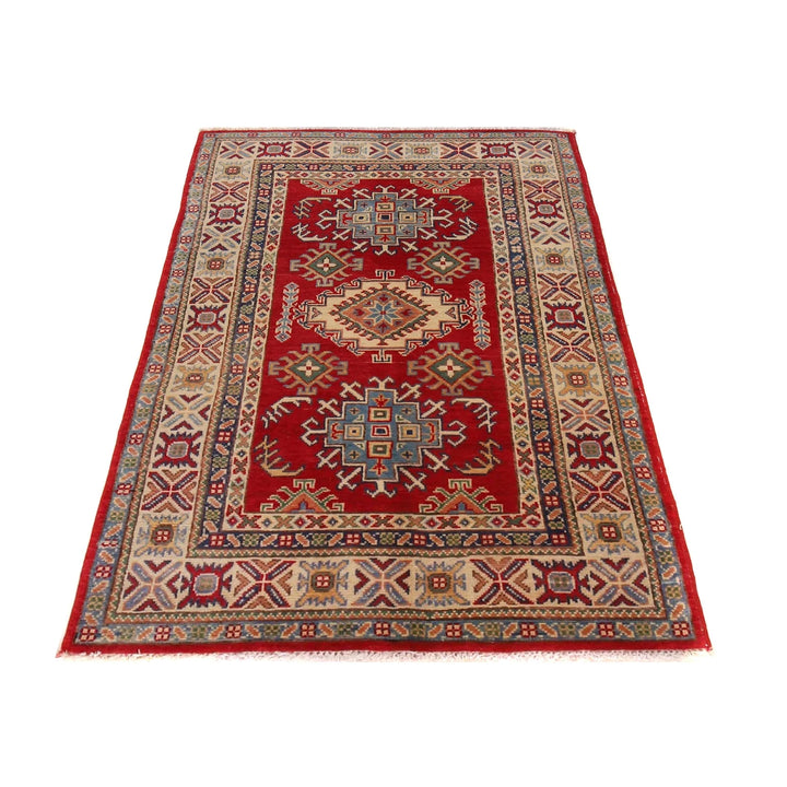 Red Afghan Kazak Rug 3' 3" x 5' 2" Hand-Knotted | No. AL81790