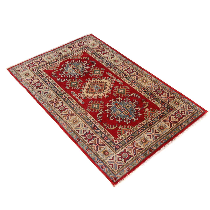 Red Afghan Kazak Rug 3' 3" x 5' 2" Hand-Knotted | No. AL81790