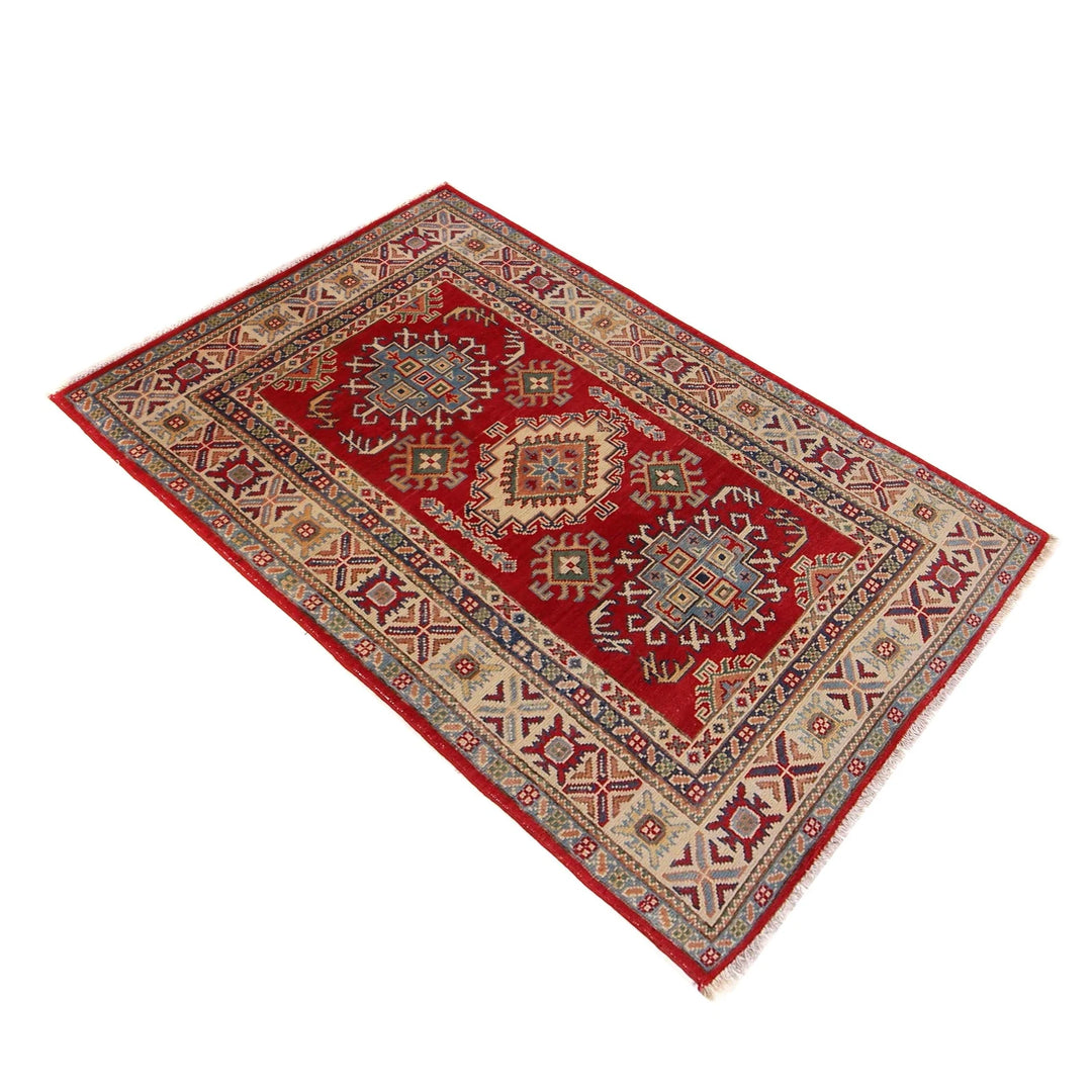 Red Afghan Kazak Rug 3' 3" x 5' 2" Hand-Knotted | No. AL81790