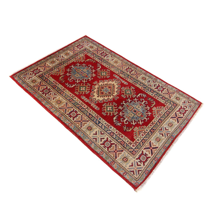 Red Afghan Kazak Rug 3' 3" x 5' 2" Hand-Knotted | No. AL81790