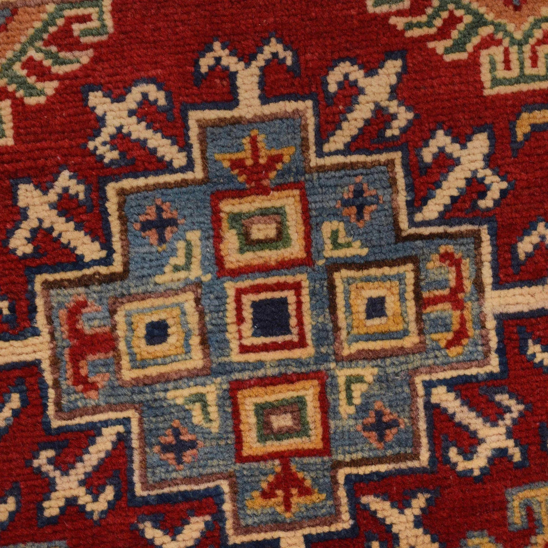 Red Afghan Kazak Rug 3' 3" x 5' 2" Hand-Knotted | No. AL81790