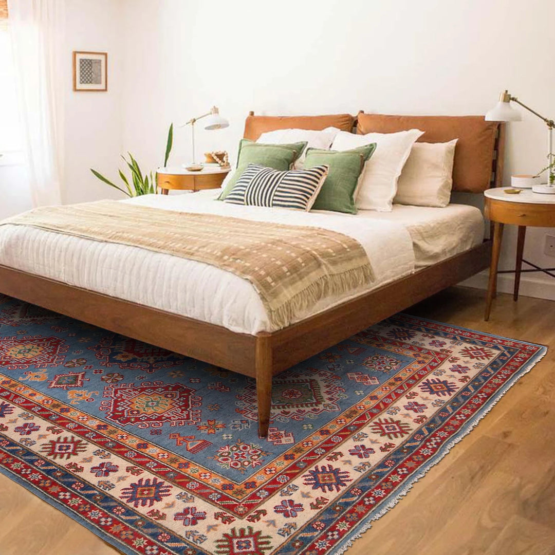 Blue Afghan Kazak Rug 5' 7" x 8' 5" Hand-Knotted | No. AL81971