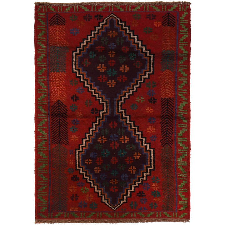 Red Afghan Baluchi Rug 4' 1" x 5' 10" Hand-Knotted | No. AL82040