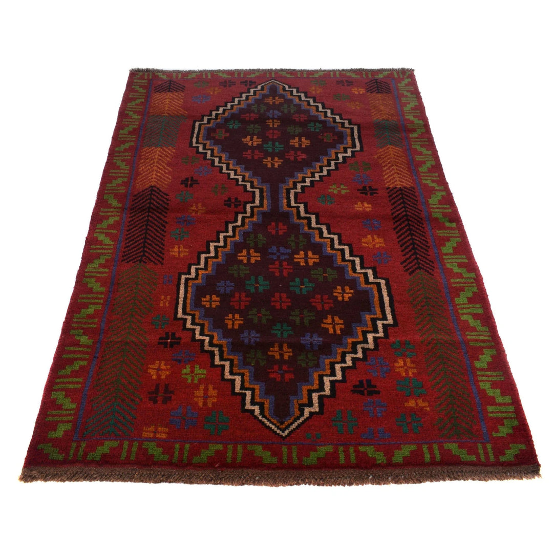 Red Afghan Baluchi Rug 4' 1" x 5' 10" Hand-Knotted | No. AL82040