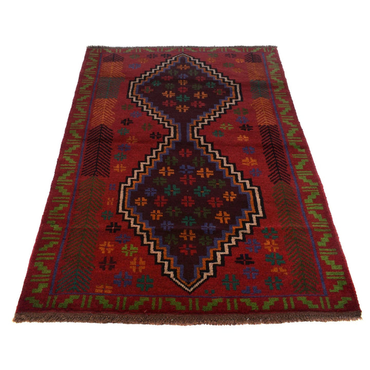 Red Afghan Baluchi Rug 4' 1" x 5' 10" Hand-Knotted | No. AL82040
