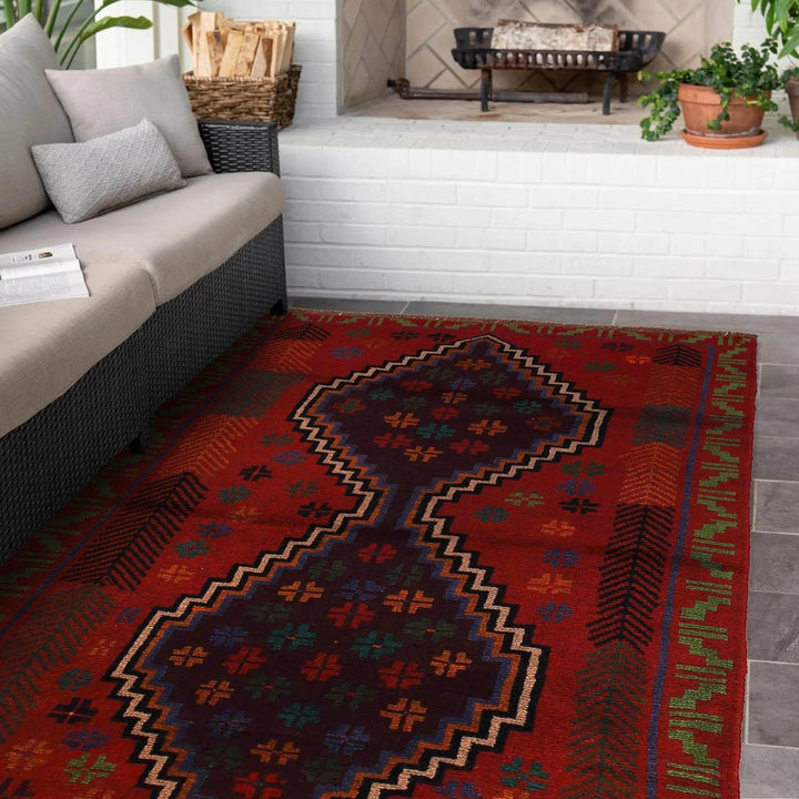 Red Afghan Baluchi Rug 4' 1" x 5' 10" Hand-Knotted | No. AL82040