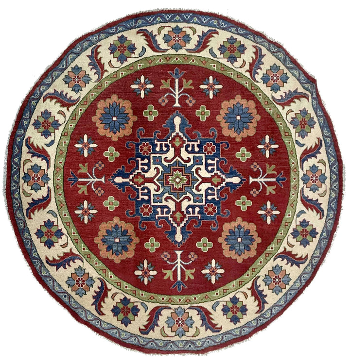 Red Afghan Kazak Rug 5' 10" x 5' 10" Hand-Knotted | No. AL82075