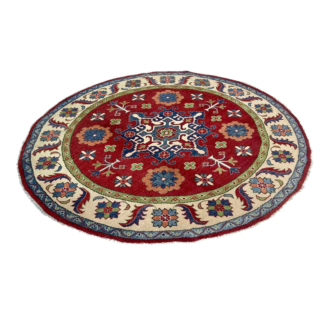 Red Afghan Kazak Rug 5' 10" x 5' 10" Hand-Knotted | No. AL82075