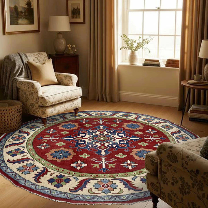Red Afghan Kazak Rug 5' 10" x 5' 10" Hand-Knotted | No. AL82075