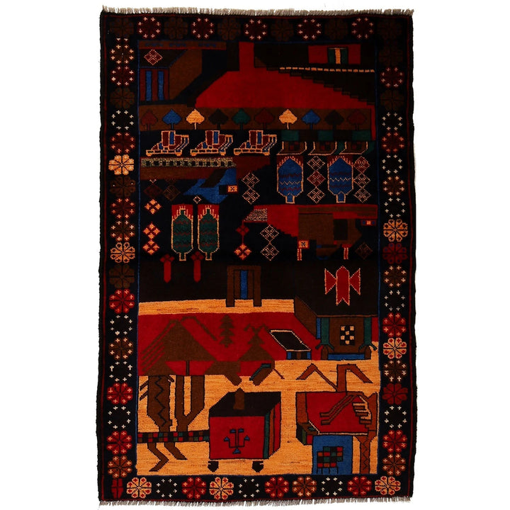 Afghan Pictorial Rug 3' 0" x 4' 8" Hand-Knotted | No. AL82076