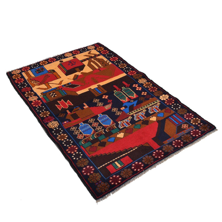 Afghan Pictorial Rug 3' 0" x 4' 8" Hand-Knotted | No. AL82076