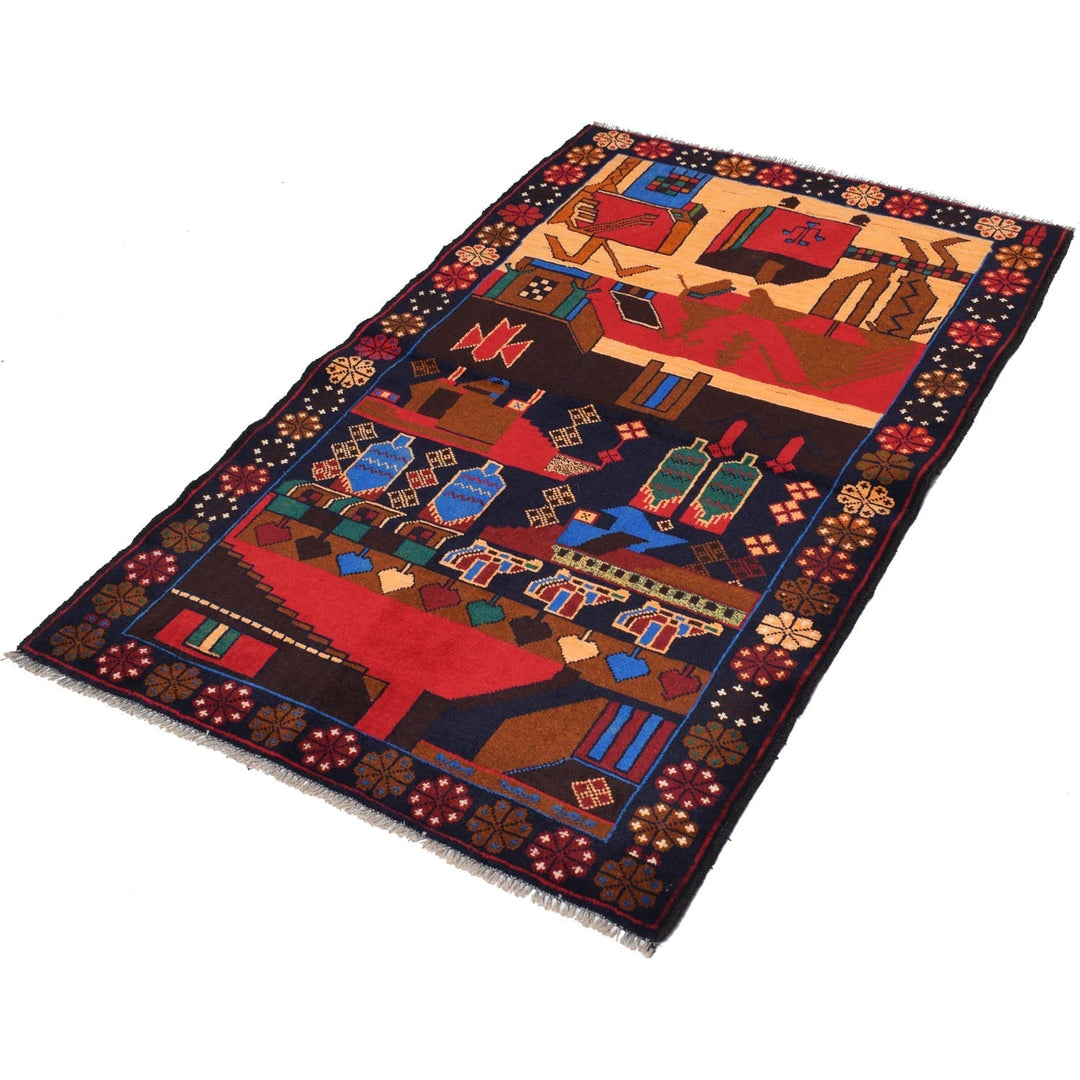Afghan Pictorial Rug 3' 0" x 4' 8" Hand-Knotted | No. AL82076
